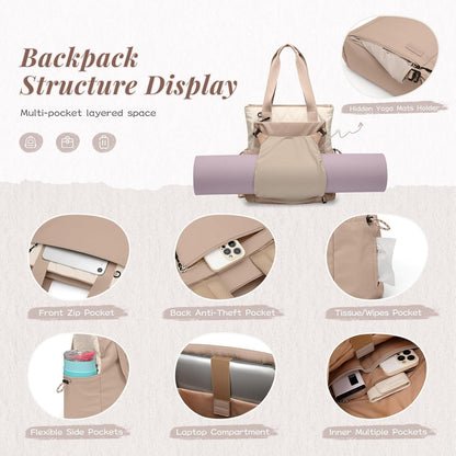 GOLF SUPAGS 3-in-1 Laptop Tote Backpack for Women 15.6" Quilted Work Gym Bag with Hidden Yoga Mat Carrier for Travel Leisure (Gravel Brown & Beige)