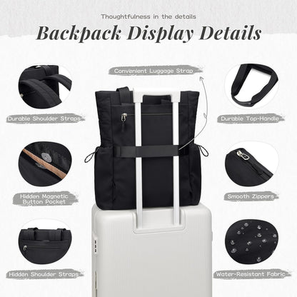 GOLF SUPAGS 3-in-1 Laptop Tote Backpack for Women 15.6" Quilted Work Gym Bag with Hidden Yoga Mat Carrier for Travel Leisure (Gravel Brown & Beige)