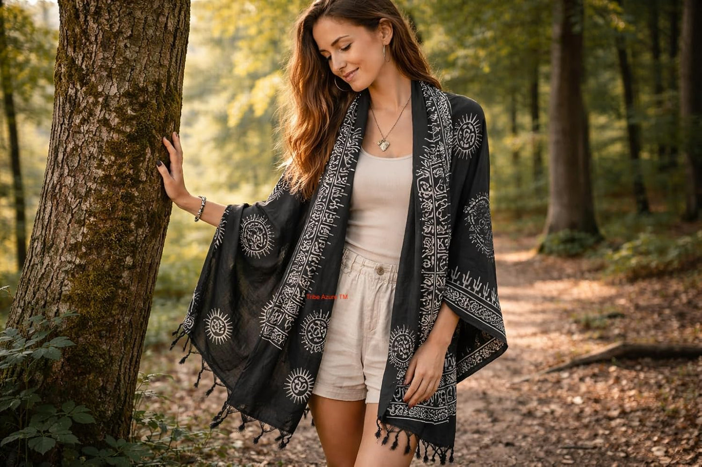 Tribe Azure Fair Trade Large Scarf Wrap Yoga Soft Cotton Mix Hand Printed Boho Bohemian White Black Yellow
