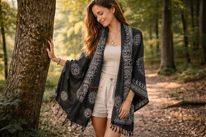 Tribe Azure Fair Trade Large Scarf Wrap Yoga Soft Cotton Mix Hand Printed Boho Bohemian White Black Yellow