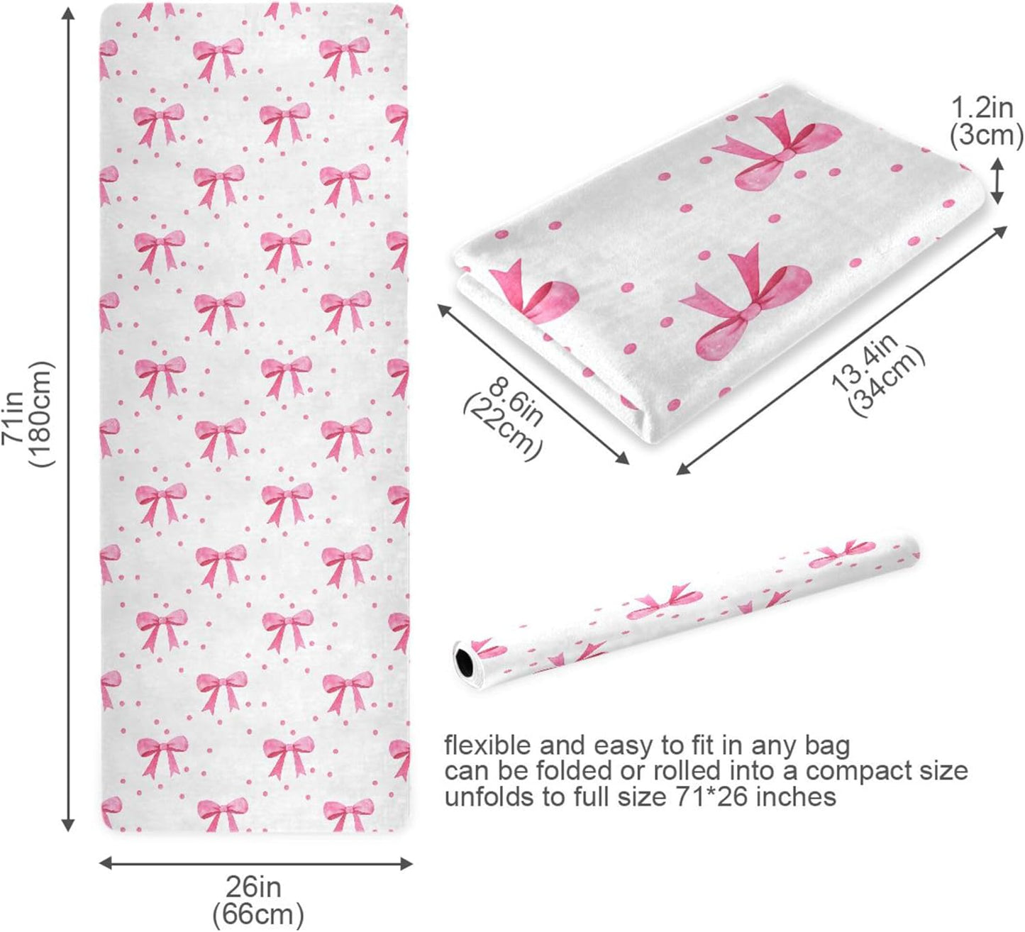 Pink Bows Yoga Mat, 71” x 26” Non-Slip Sports Yoga Mat with Storage Bag, for Indoor and Outdoor Fitness Exercise, Pilates