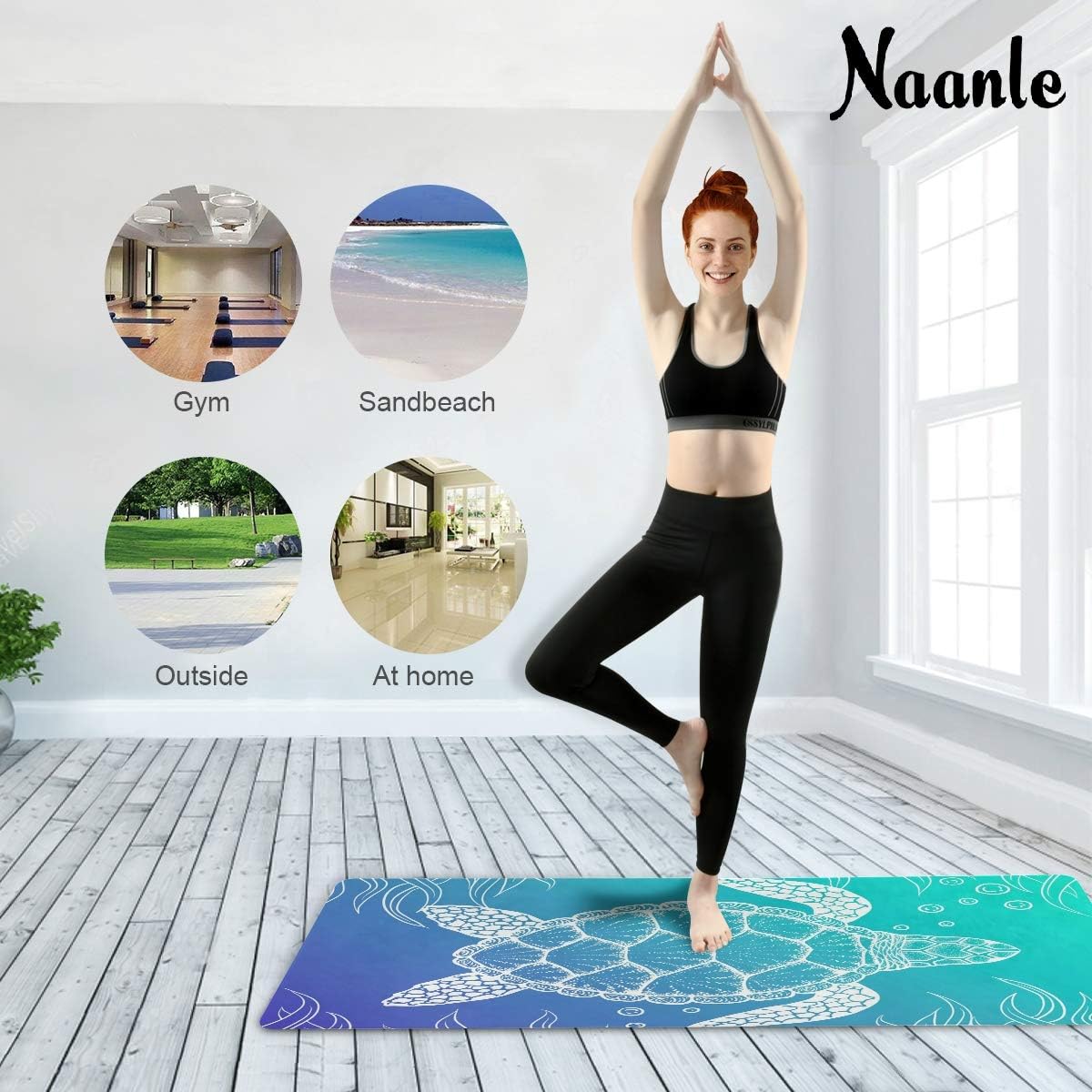 Naanle Sea Turtle Yoga Mat with Carrying Bag Set, Turtle Exercise Mat Foldable Non Slip Travel Lightweight Workout Rug for Home Gym Yoga Pilates Stretching Floor Fitness 71x26 in