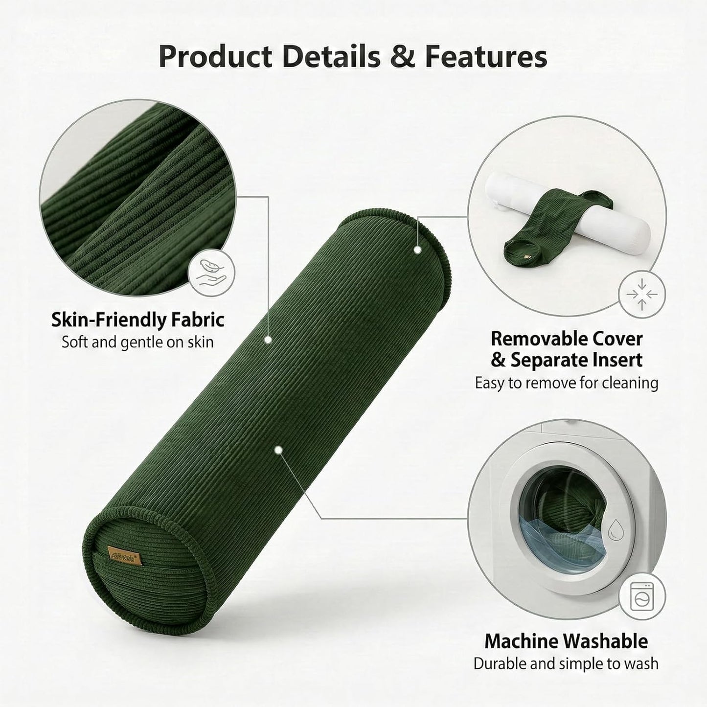 Corduroy Body Pillow, Round Bolster Cylinder Pillow for Adults, Soft Long Support Pillow for Bed & Sofa, Removable Washable Cover,59 x 7.87 Inches,Peacock Blue