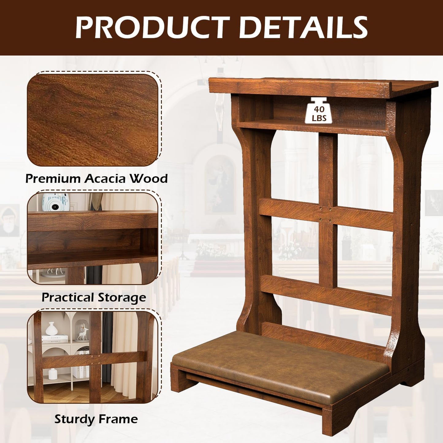 AECOJOY Prayer Kneeler Bench with Soft Cushion & Storage Shelf, Comfortable Wooden Kneeling Meditation Seiza Prayer Stool for Praying at Home or Church