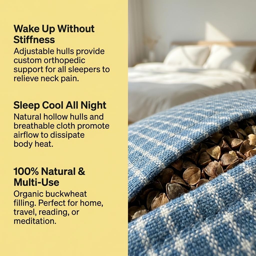 Adjustable Buckwheat Hull Pillow for Neck Pain Relief (21x8x4in) Natural Cooling Cervical Support Organic Pillow for Side & Back Sleepers with Night Sweats (Grey)