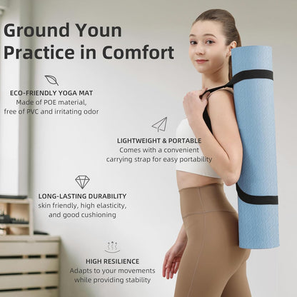 Yoga Mat Extra thick 8mm Exercise mat, Soft Lightweight TPE Fitness Mat with strap, High Elasticity, Anti-fatigue,non-slip mat for Women, Yoga, Camping, Travel, Gym & Outdoor | 72"L x 0.32"Th