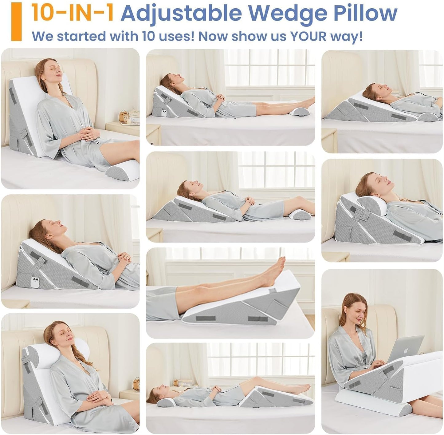 Sasttie Wedge Pillow Set for After Surgery, 2PCS Adjustable Bed Wedge Pillow Headboard with Memory Foam Neck Cushion – for Acid Reflux, Sleeping, Neck & Back Support, Dark Grey