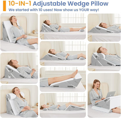 Sasttie Wedge Pillow Set for After Surgery, 2PCS Adjustable Bed Wedge Pillow Headboard with Memory Foam Neck Cushion – for Acid Reflux, Sleeping, Neck & Back Support, Dark Grey