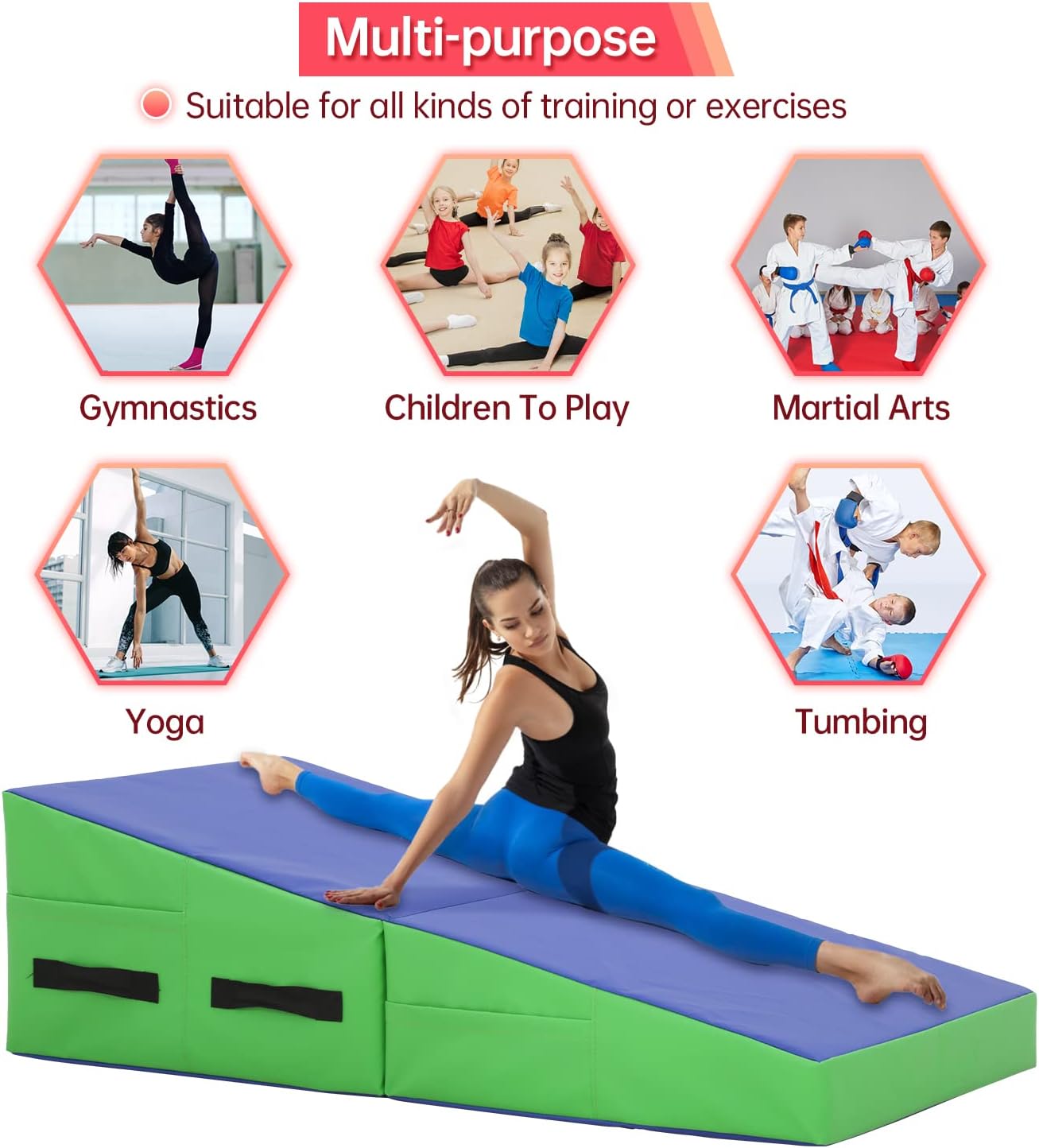 Gymnastics Mat 48”X24”X14” Incline Tumbling Mats for Home Gym, Folding Exercise Mat with Non-Slip PVC Surface & Handles, Cheese Wedge Mat for Kid Adults Workout