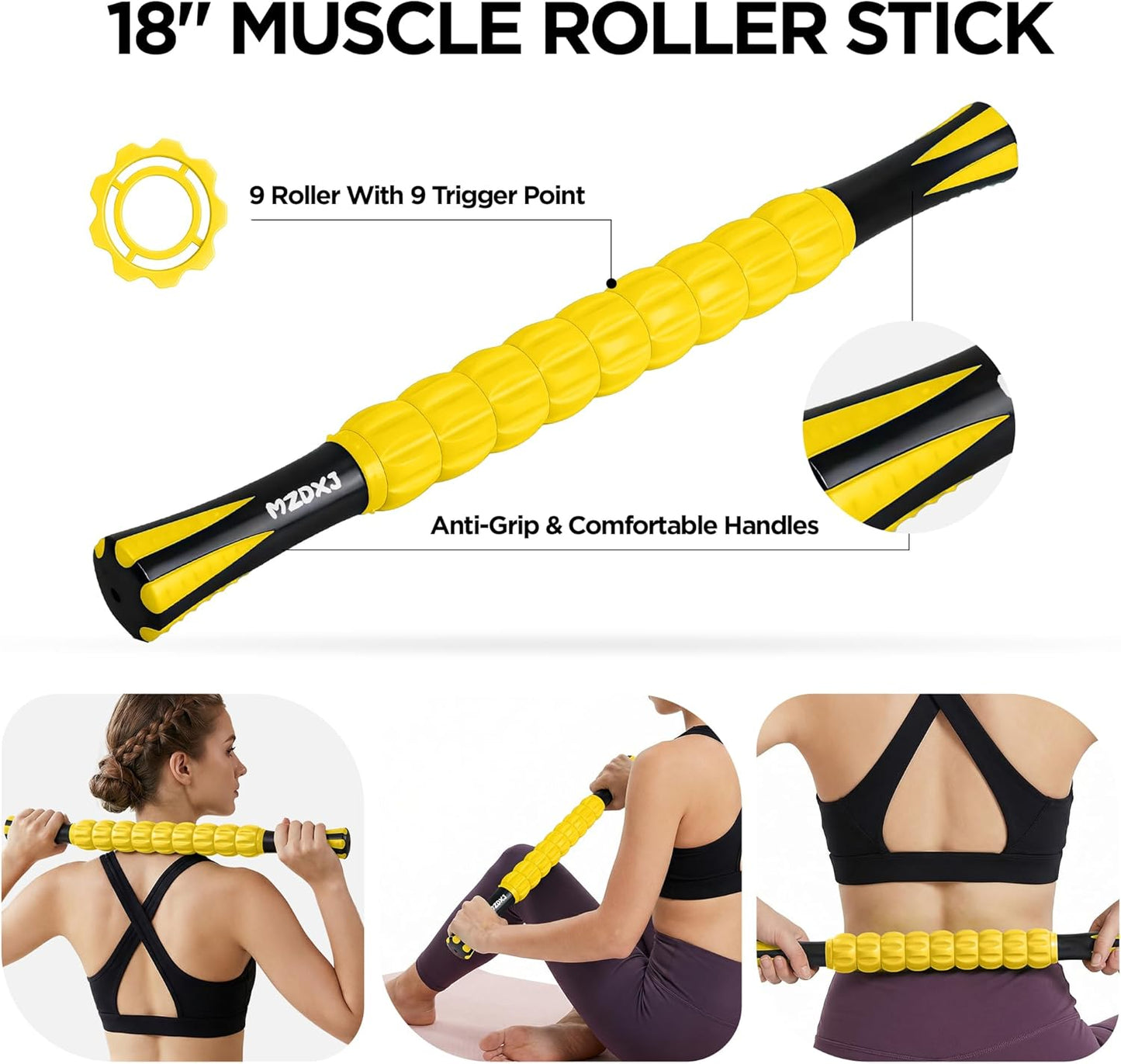 Muscle Roller Massage Roller Stick- Deep Tissue Fascia Blaster for Myofascial Pain Relief, Lymphatic Drainage & Body Sculpting, Handheld Physical Therapy & Recovery Tool (Gray black-18 inch)