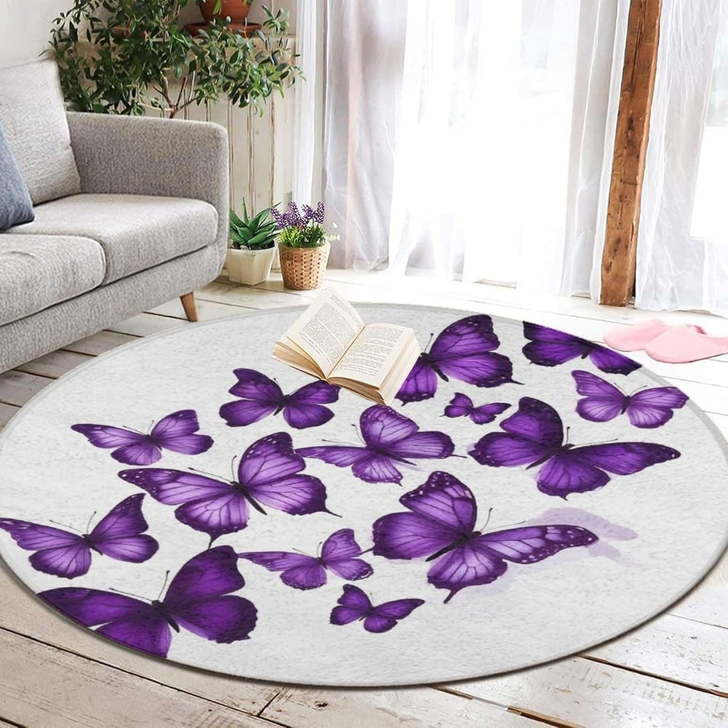 Soft Round Yoga Carpet, Office Chair Decor Round Mat for Carpet and Hardwood Floors Purple Butterfly