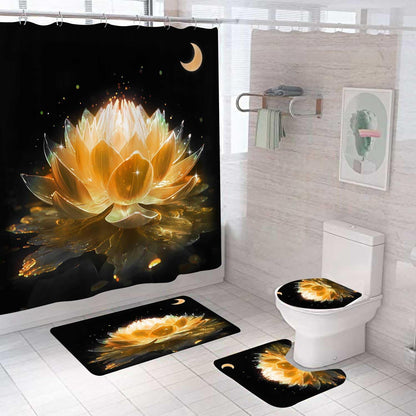 4PCS Spa Zen Shower Curtain Sets with Rugs, White Shower Curtain, Pink Floral Orchid Lotus Water Lily Stone Bamboo Water Reflection Yoga Massage Relaxing Spiritual Meditation Bathroom Decor