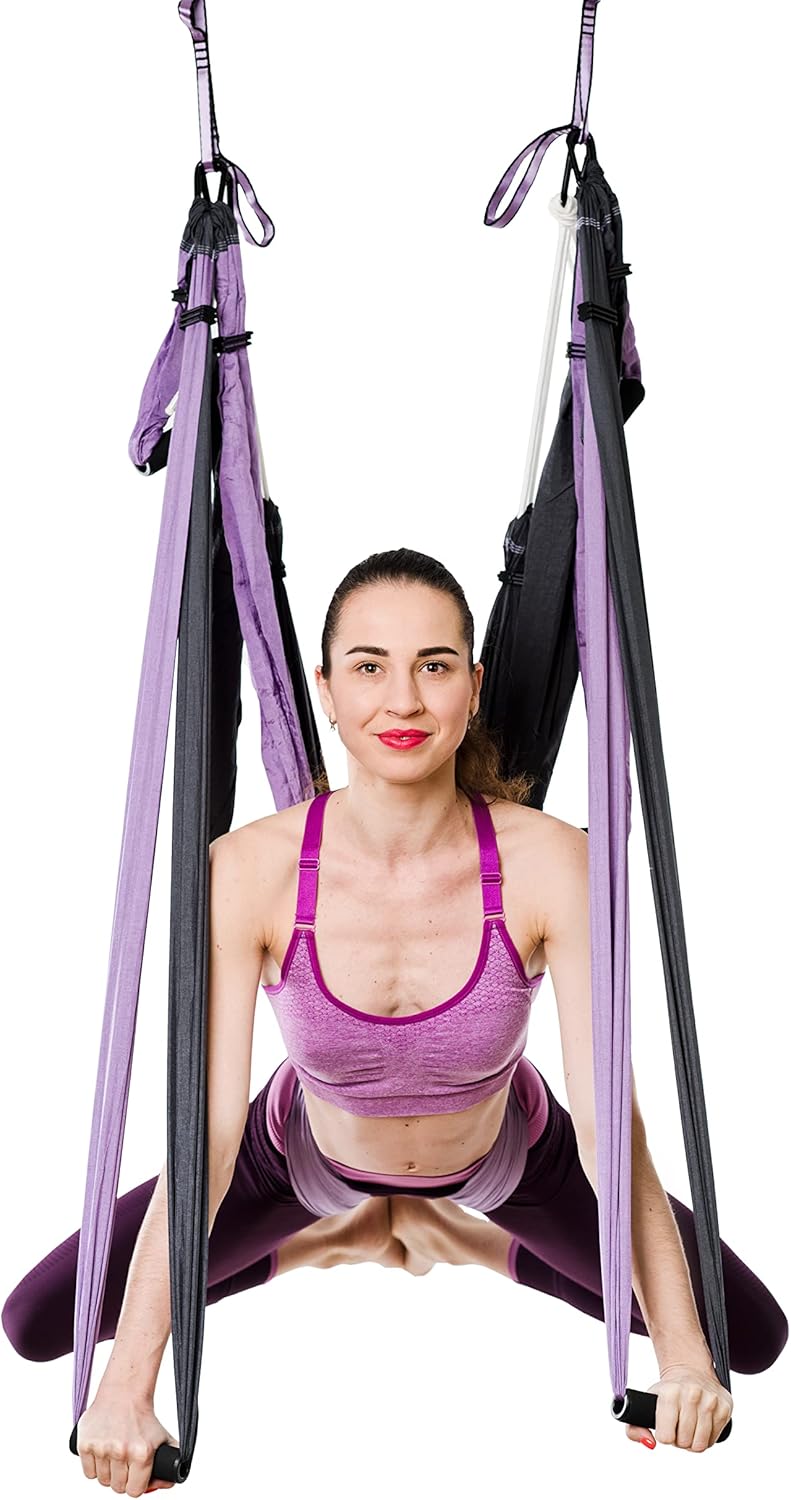 Aerial Yoga Swing Set - Yoga Hammock Hanging Swing - Aerial Sling Inversion Fly Kit - Acro Yoga Inversion Tool - Antigravity Toga Sling - Suspension Trapeze (Grey-Lilac)