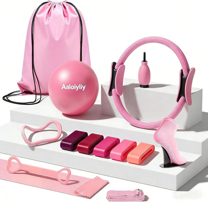 Home Pilates Ring and Ball Set for Women with 5 Resistance Bands 13 inch Magic Circle Workout Starter Kit for Beginners Full Body Toning 15 Min Daily Routine Pilates Equipment