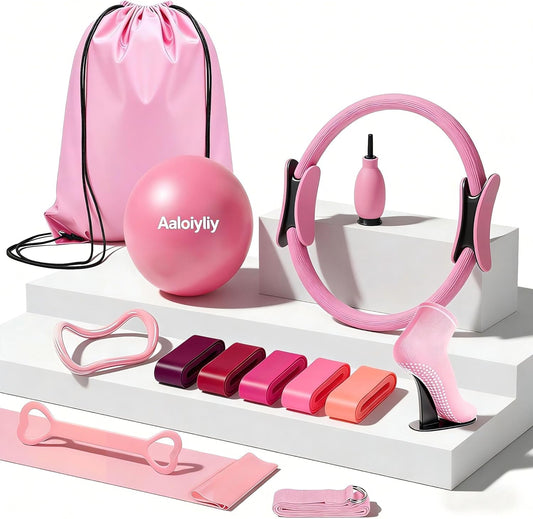 Home Pilates Ring and Ball Set for Women with 5 Resistance Bands 13 inch Magic Circle Workout Starter Kit for Beginners Full Body Toning 15 Min Daily Routine Pilates Equipment