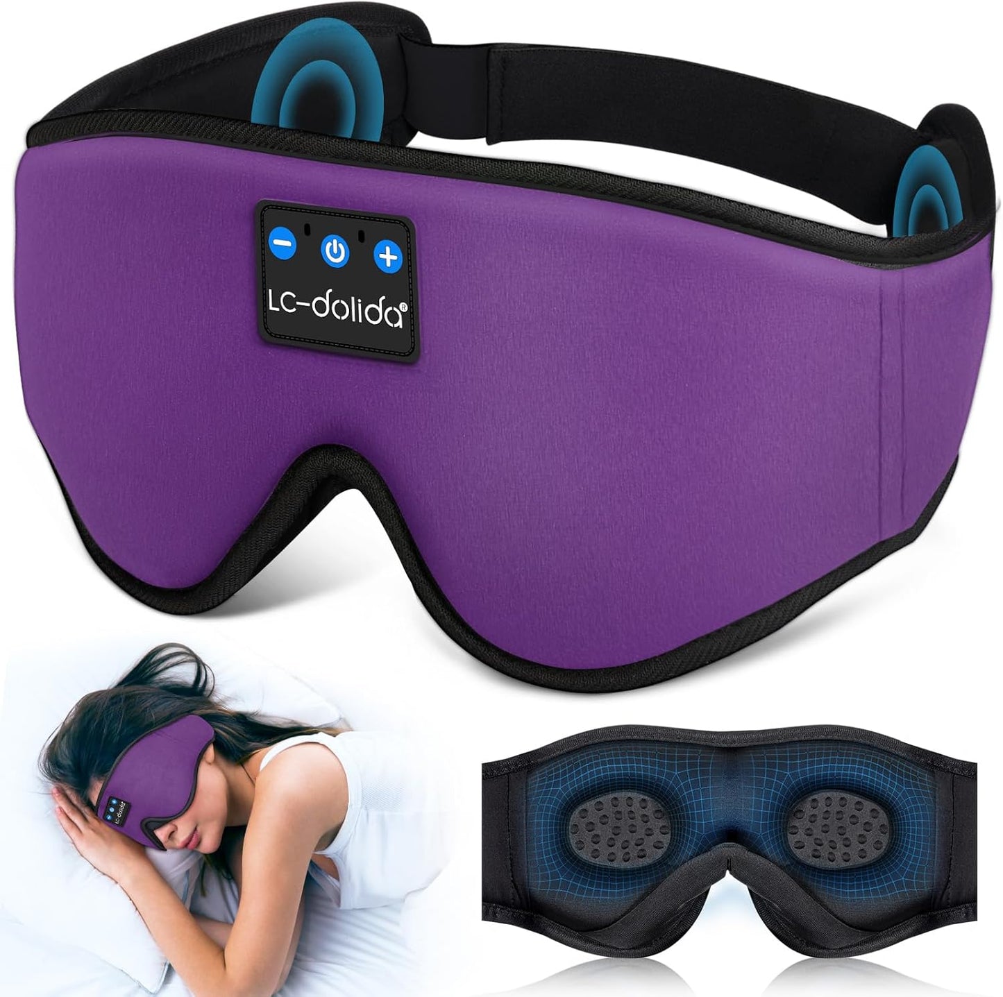LC-dolida Sleep Headphones, 3D Sleep Mask Bluetooth Wireless Music Eye Mask, Sleeping Headphones for Side Sleepers Sleep Mask with Bluetooth Headphones Ultra-Thin Stereo Speakers Perfect for Sleeping