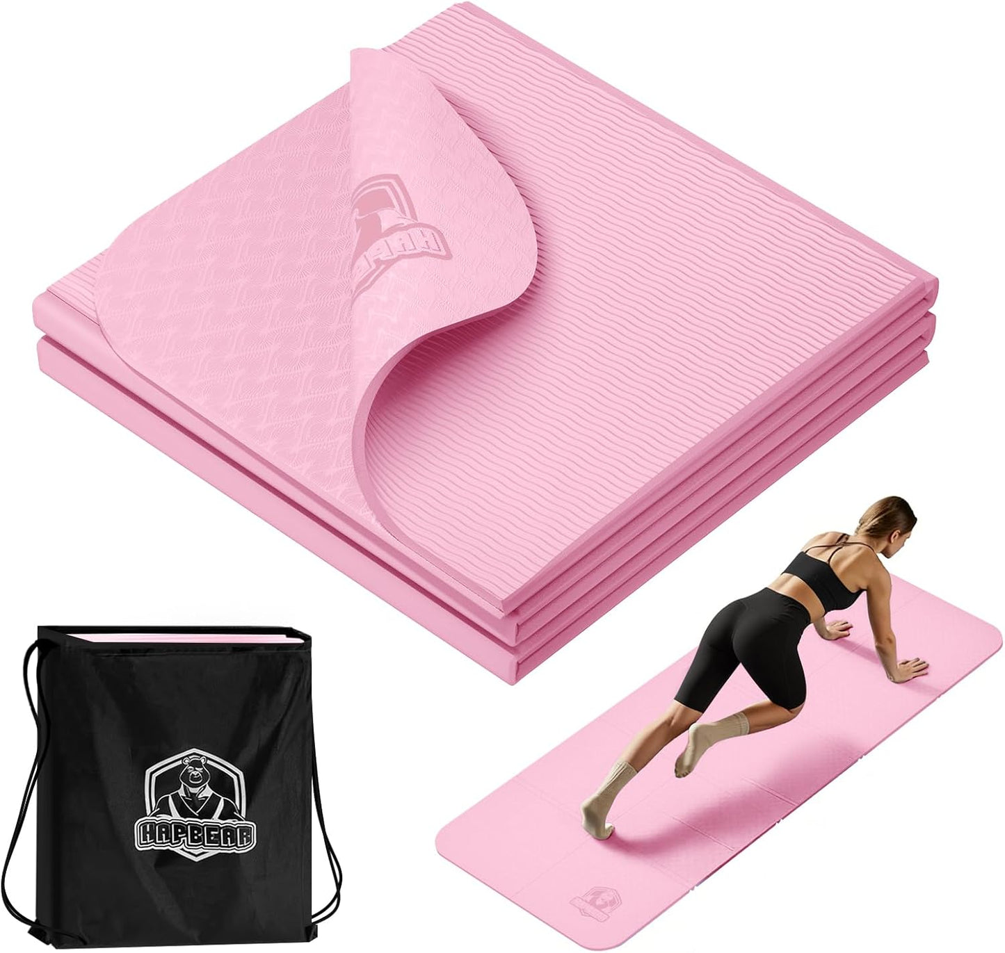 HAPBEAR Foldable Yoga Mat - 72"x24"x0.24" (6mm), Non-Slip TPE Exercise Mat for Home Workout, Yoga, Pilates,Stretching, & Travel, Durable & Eco-Friendly, Includes Carry Bag