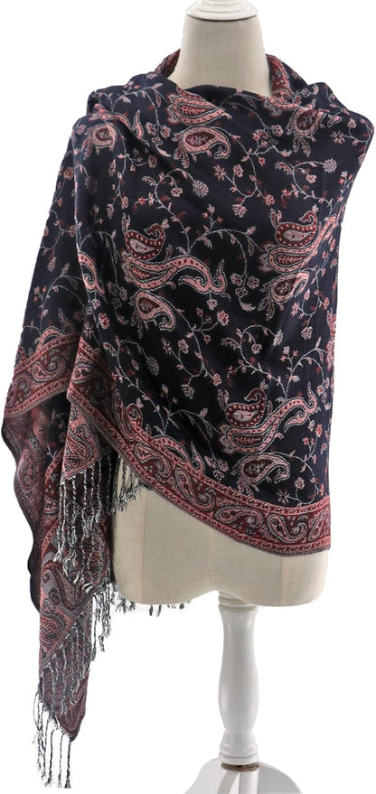 Ciormis Two Tone Silky Paisley Pashmina Shawl Scarf,Soft Women's Rave Jacquard Pashminas Wrap Scarves