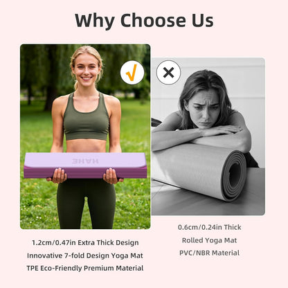 HAHE 7-Fold Design Extra Thick Yoga Mat 72"L x 24"W x 0.47",TPE Fitness Exercise Mats, Non-Slip Foldable Yoga Mat, High Density, Portable for Men & Women, Yoga, Pilates, Home Gym