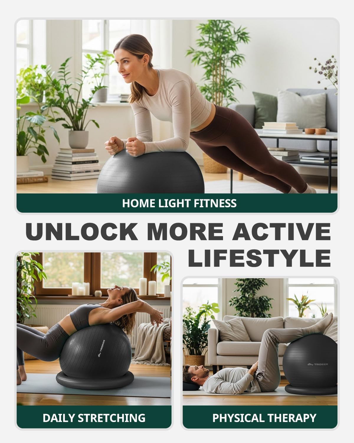 Trideer Exercise Ball for Office Desk, Yoga Ball Chair to Relieve Back Pain, Stability & Fitness Ball Seat with Base, Home Gym Core Workout, Abs, Stretching & Therapy