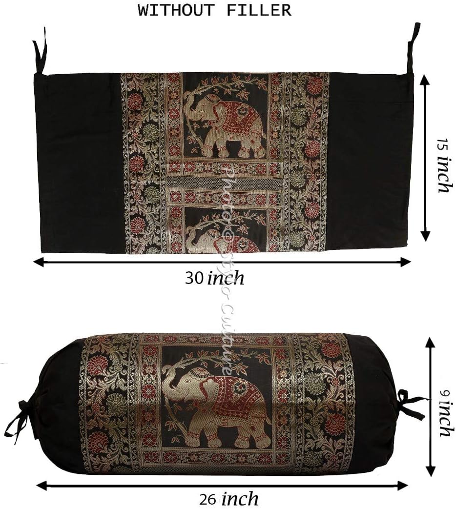 Indian Polydupion Cylindrical Tube Pillow Bolster Pillow Covers Black Jacquard Brocade Border Elephant Large Couch Round Cylinder Cushion Covers (Set of 2) | 30x15 Inches (76x38 cm)
