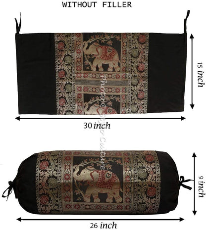 Indian Polydupion Cylindrical Tube Pillow Bolster Pillow Covers Black Jacquard Brocade Border Elephant Large Couch Round Cylinder Cushion Covers (Set of 2) | 30x15 Inches (76x38 cm)