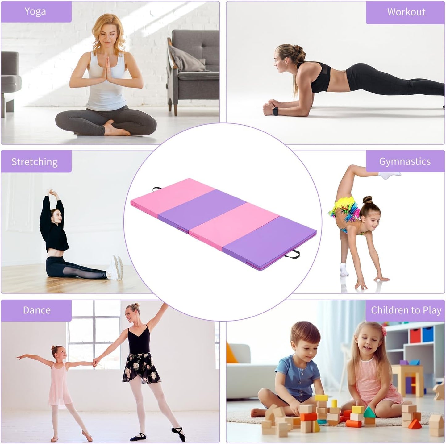 ZENOVA Gymnastics Mat 6'x3'x2''/4'x8'x2'' Exercise Mat Gym Mat for Home Aerobics Workout Foldable Tumbling Mat Children Gifts