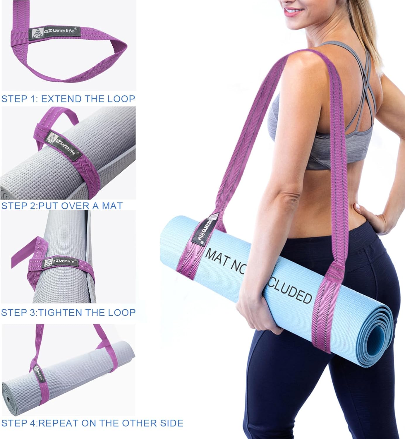 A AZURELIFE [MAT NOT Included] Yoga Mat Sling, Yoga Mat Straps for Carrying, Easy-Cinch Yoga Mat Holder Strap