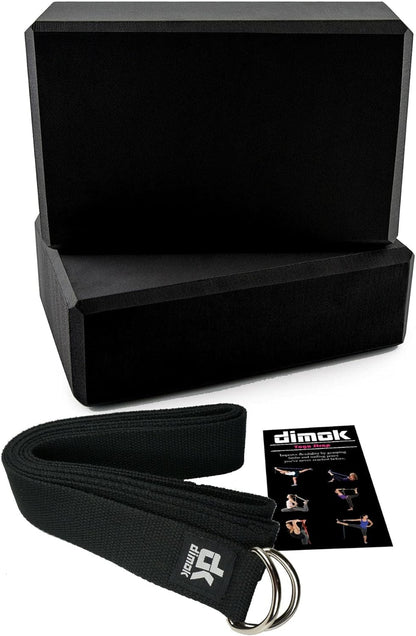 dimok Yoga Blocks and Strap Set - Foam Bricks 9x6x4 and 8FT Yoga Belt Metal D-Ring - High Density Premium Quality