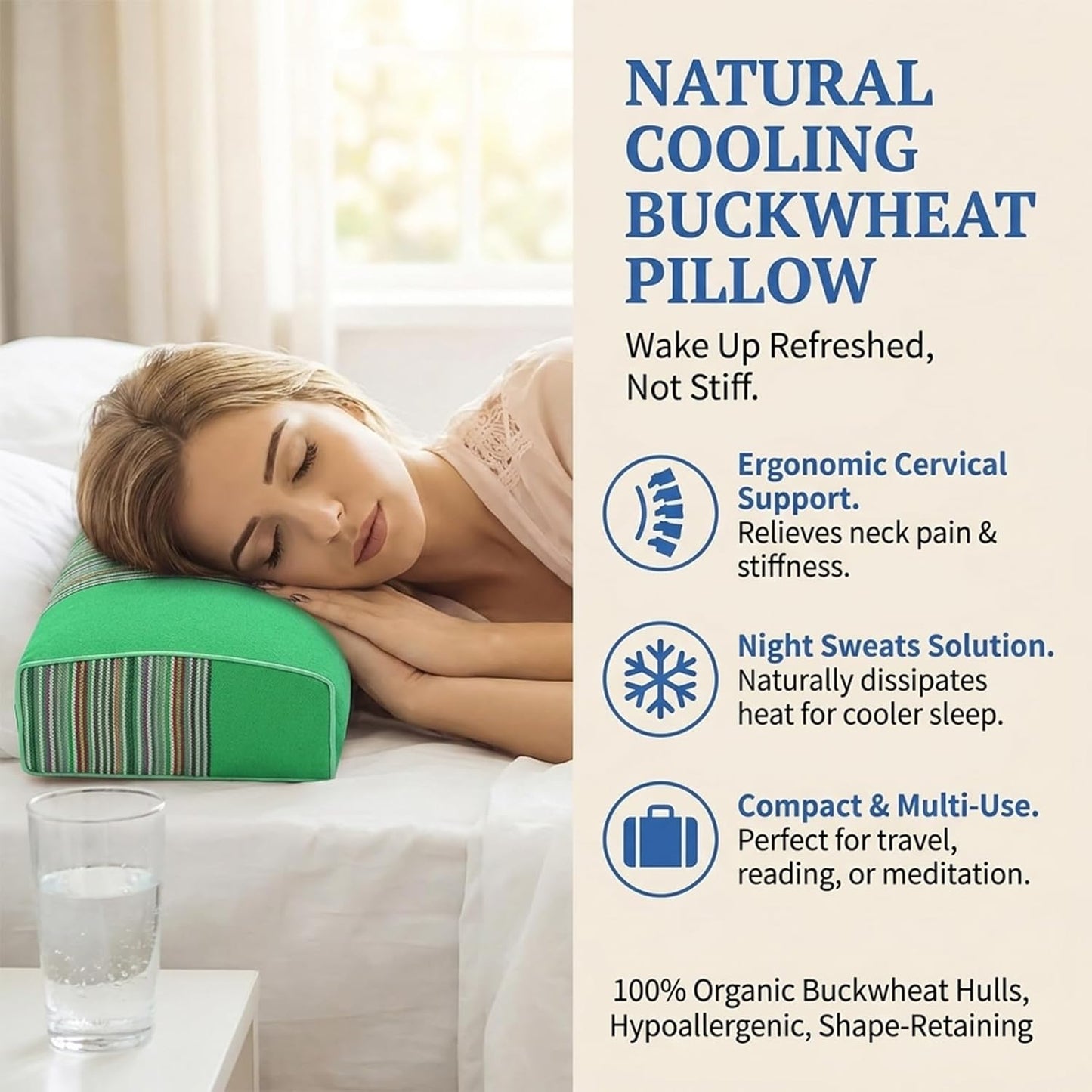 Adjustable Buckwheat Hull Pillow for Neck Pain Relief (21x8x4in) Natural Cooling Cervical Support Organic Pillow for Side & Back Sleepers with Night Sweats (Grey)