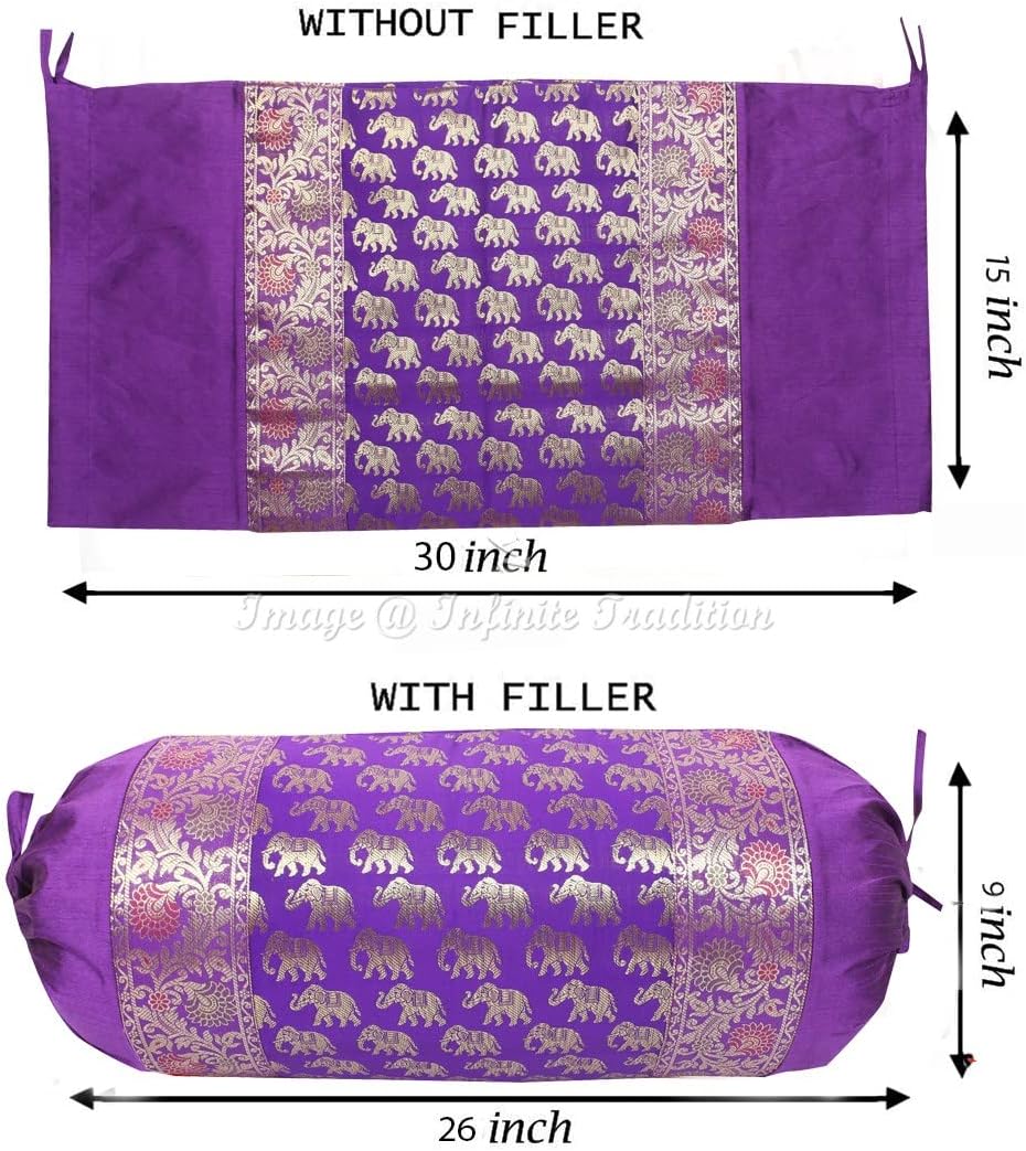 Indian Jacquard Brocade Silk Bolster Tube Pillow Cover Yoga Cylindrical Purple Couch Round Cushion Cover Boho Home Décor Living Room Small Elephant Throw Cushion Cover 30x15 inch (76x38cm) - 1 Pc.
