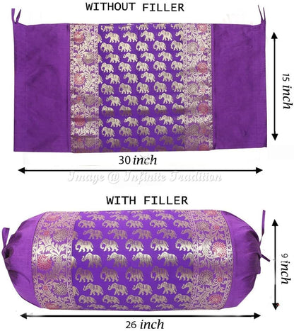 Indian Jacquard Brocade Silk Bolster Tube Pillow Cover Yoga Cylindrical Purple Couch Round Cushion Cover Boho Home Décor Living Room Small Elephant Throw Cushion Cover 30x15 inch (76x38cm) - 1 Pc.