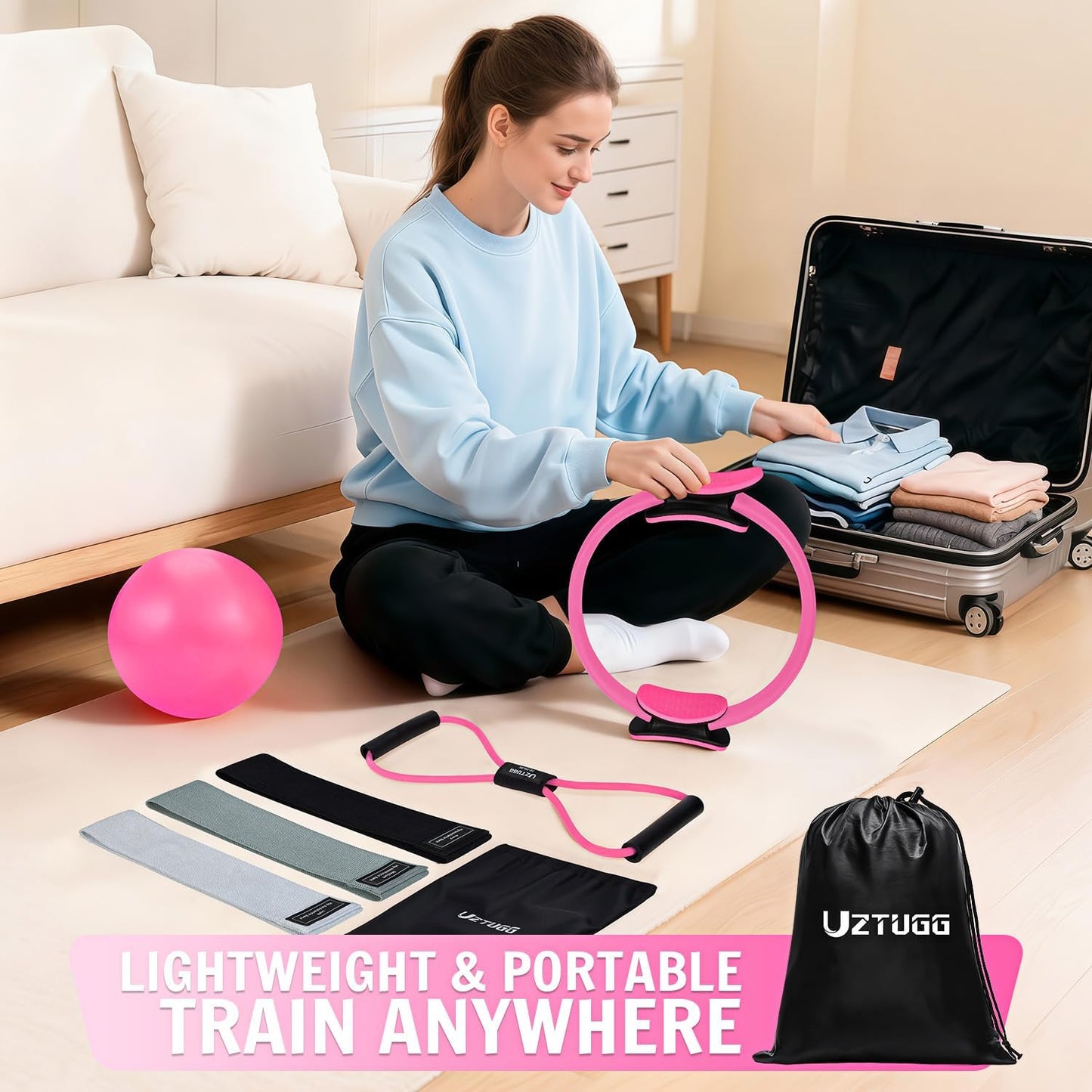 UZTUGG Pilates Equipment Kit at Home for Women, 4-in-1 Workout Essential Set with Pilates Ring, Fabric Resistance Bands, Figure 8 Resistance Band, Pilates Ball–Full Body Toning, Yoga & Stretching