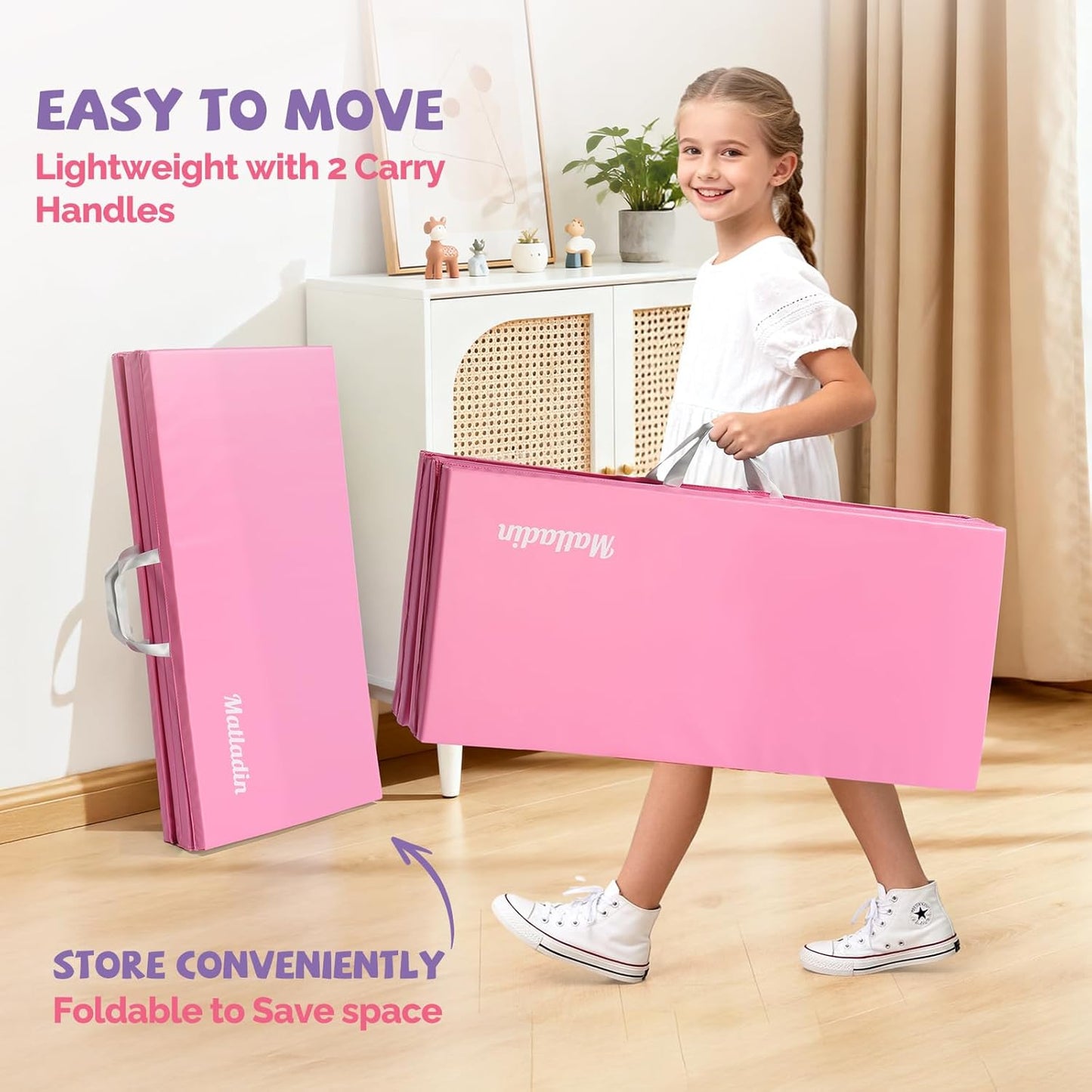 Matladin Folding Gymnastics Mat for Kids, 6'x3'x1"/8'x3'x1" PU Leather Gym Exercise Mats for Tumbling, Cheer, Yoga, Fitness, Pilates and Martial Art