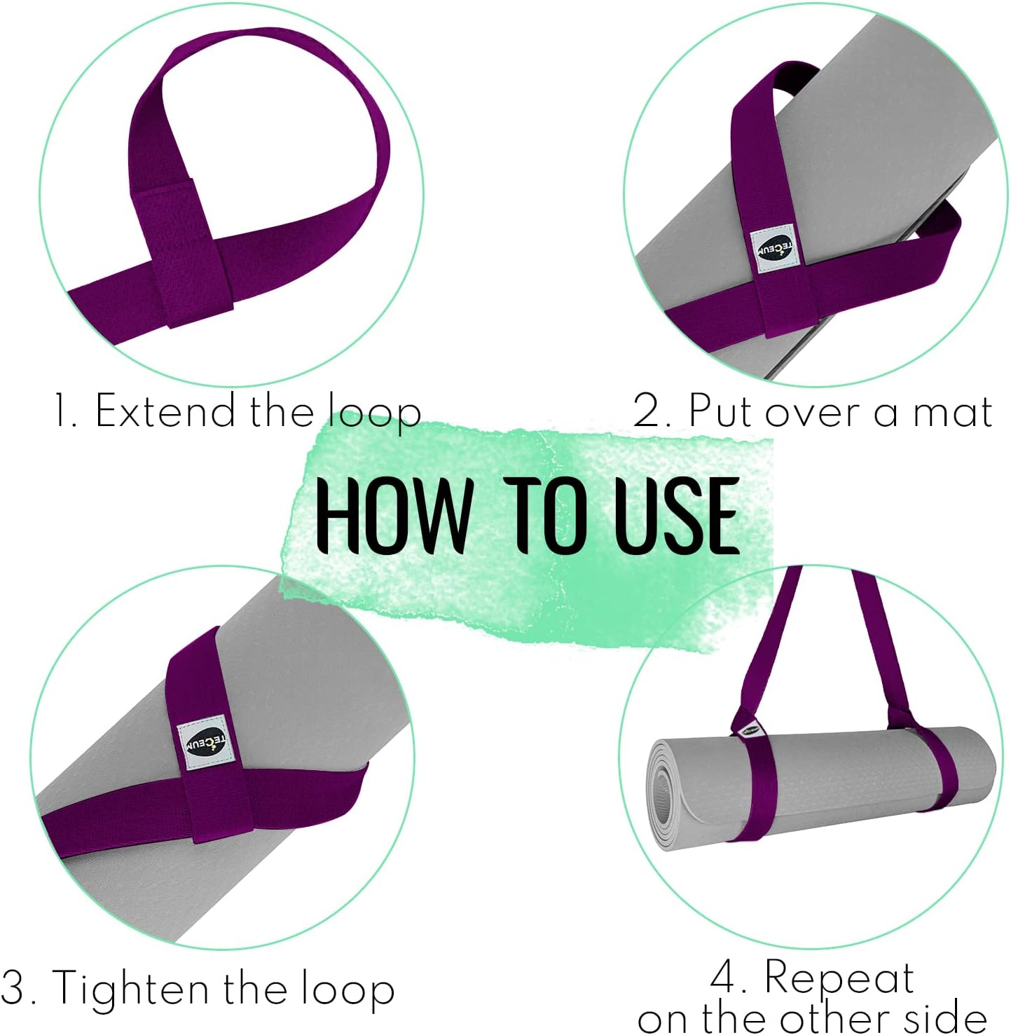 TECEUM Yoga Mat Strap – 30+ Colors – Adjustable Mat Holder Sling Carrier for All Mats [Mat Not Included]