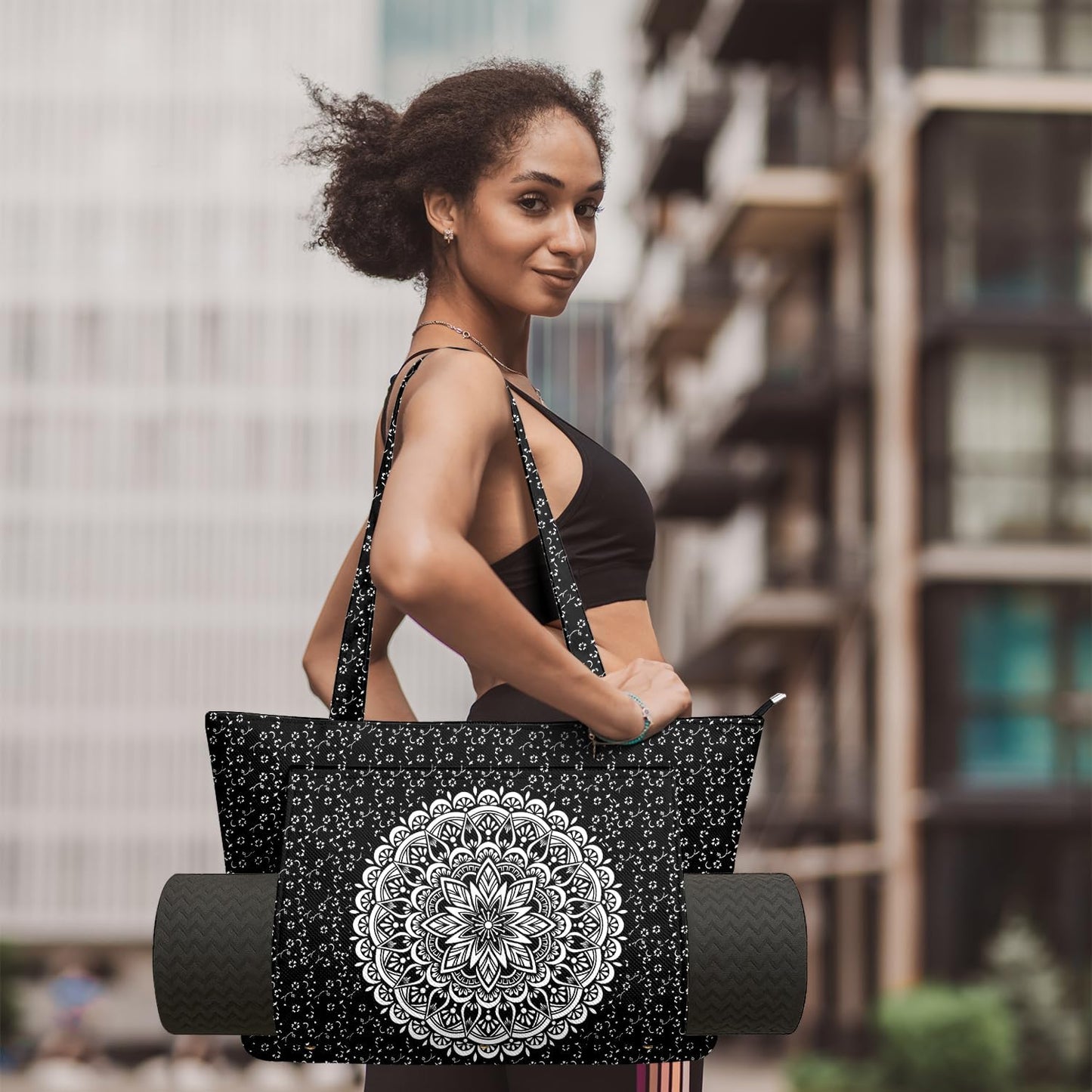 Yoga Bag for Women, Large Canvas Yoga Mat Tote Bag with Yoga Mat Carrier - Large Mat Pocket Fitness Tote for Pilates, Gym, Travel, Office & Beach