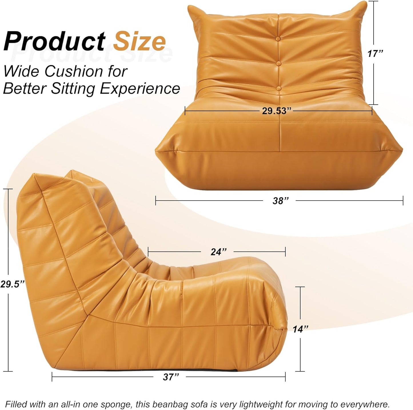 Hobestluk Giant Bean Bag Chair Lazy Floor Sofa, Memory Foam Fireside Sofa for Adults, Big Beanbag Faux Leather Armless Chair for Living Room Bedroom Dorm Office (Brown, Single)