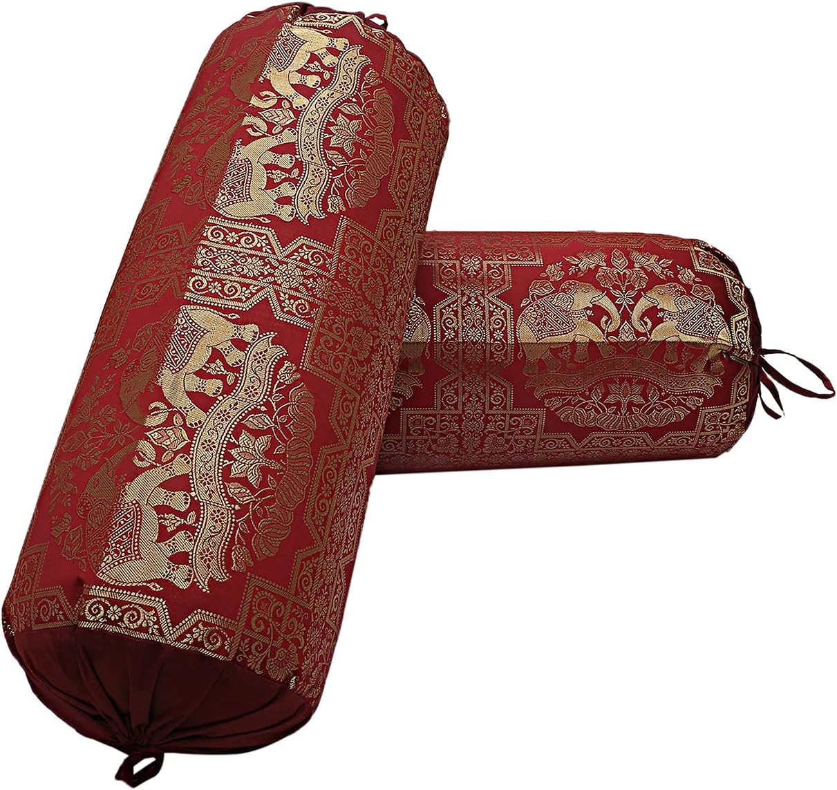 Ethnic Jacquard Brocade Silk Rectangular Bolster Yoga Pillow Cylindrical Hotdog Burgundy Maroon Tubular Living Room Decorative Elephant Indian Throw Pillowcase 76x38 cm - Set of 2 Pcs