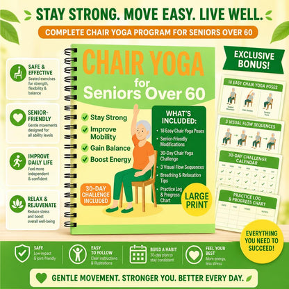 Chair Yoga for Seniors Over 60 Book & Chart – 30-Day Challenge, Gentle Seated Yoga Guide, Chair Yoga for Weight Loss & Flexibility, Senior Chair Exercises for Women & Men, 8.5x11" Book on Chair Yoga