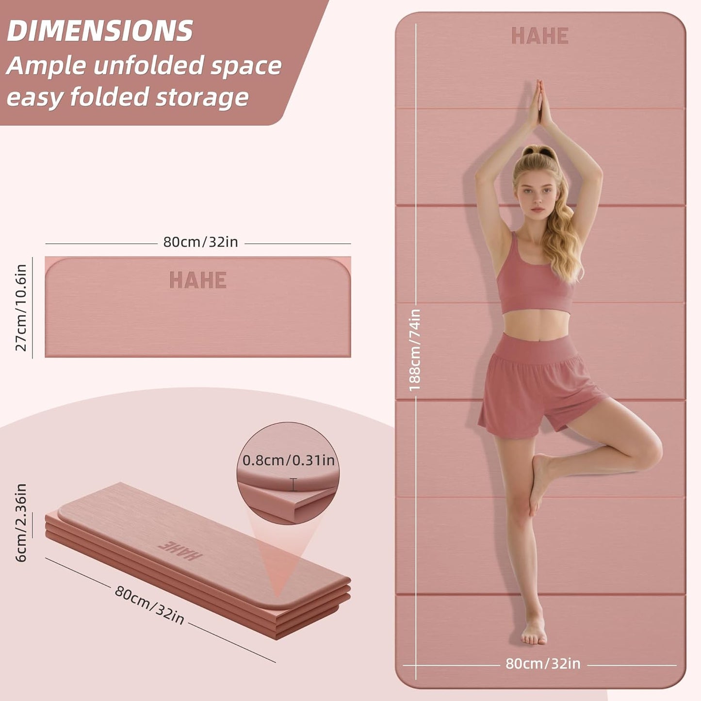 Foldable Yoga Mat,74"Lx32"Wx1/3"Thick,Folding Exercise Mat,Non-slip Wide Pilates Mats for Home Workout/Travel, Portable Yoga Mat Thick for Yoga/Pilates/Camping/Floor Exercises