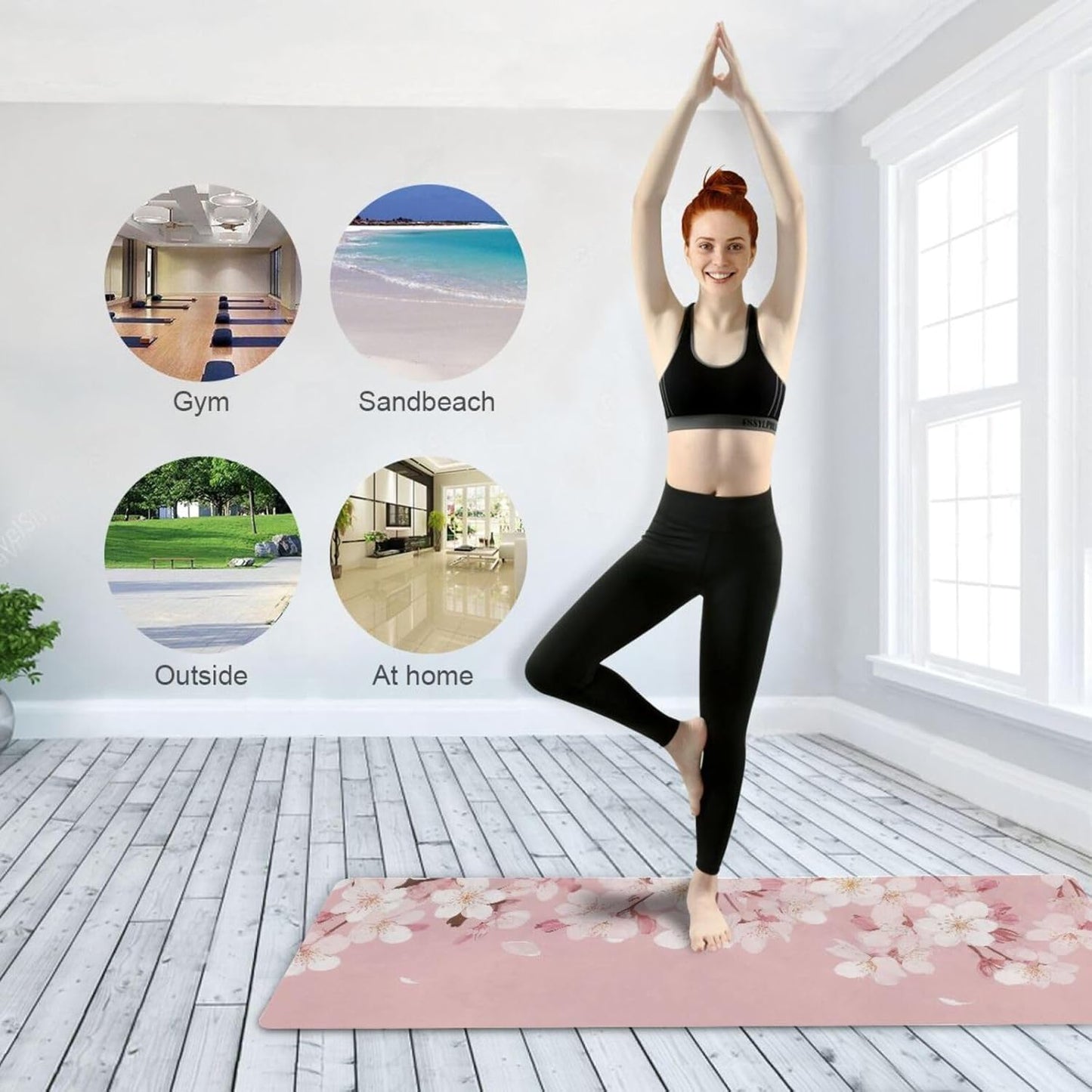 Cherry Blossom Flower Yoga Mat Non-Slip Eco-Friendly Exercise Fitness Mat for Yoga Pilates and Floor Workouts for Women & Men, 71 x 26 in