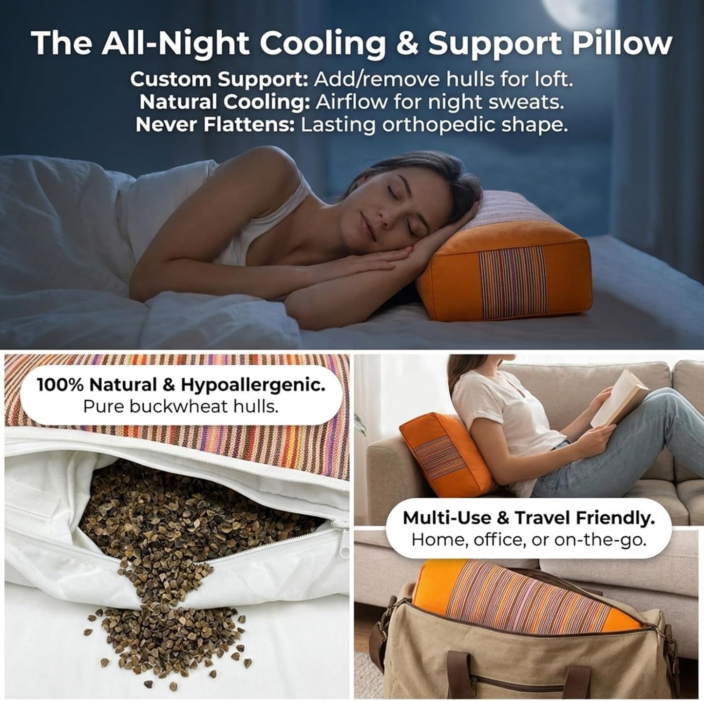 Adjustable Buckwheat Hull Pillow for Neck Pain Relief (21x8x4in) Natural Cooling Cervical Support Organic Pillow for Side & Back Sleepers with Night Sweats (Grey)