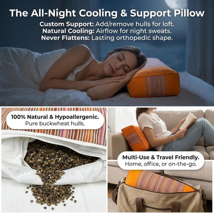 Adjustable Buckwheat Hull Pillow for Neck Pain Relief (21x8x4in) Natural Cooling Cervical Support Organic Pillow for Side & Back Sleepers with Night Sweats (Grey)