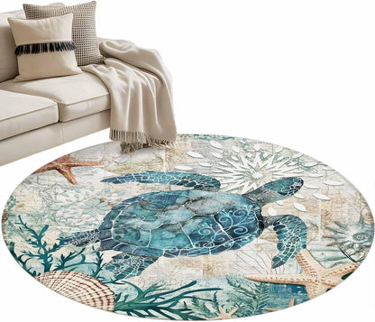 Libaoge Round Area Rugs 3 ft Indoor Aloha Mats Sea Turtle Ocean Animal Nautical Map Soft Living Room Bedroom Unique Carpet Woman Yoga Mat Home Decor
