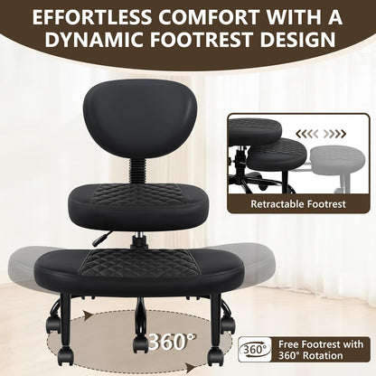 AtHope Ergonomic Cross Legged Office Chair with Wheels - Adjustable Height for Meditation, ADHD Desk & Yoga - Wide Criss Cross Design with Lumbar Support, Kneeling Chair - Black