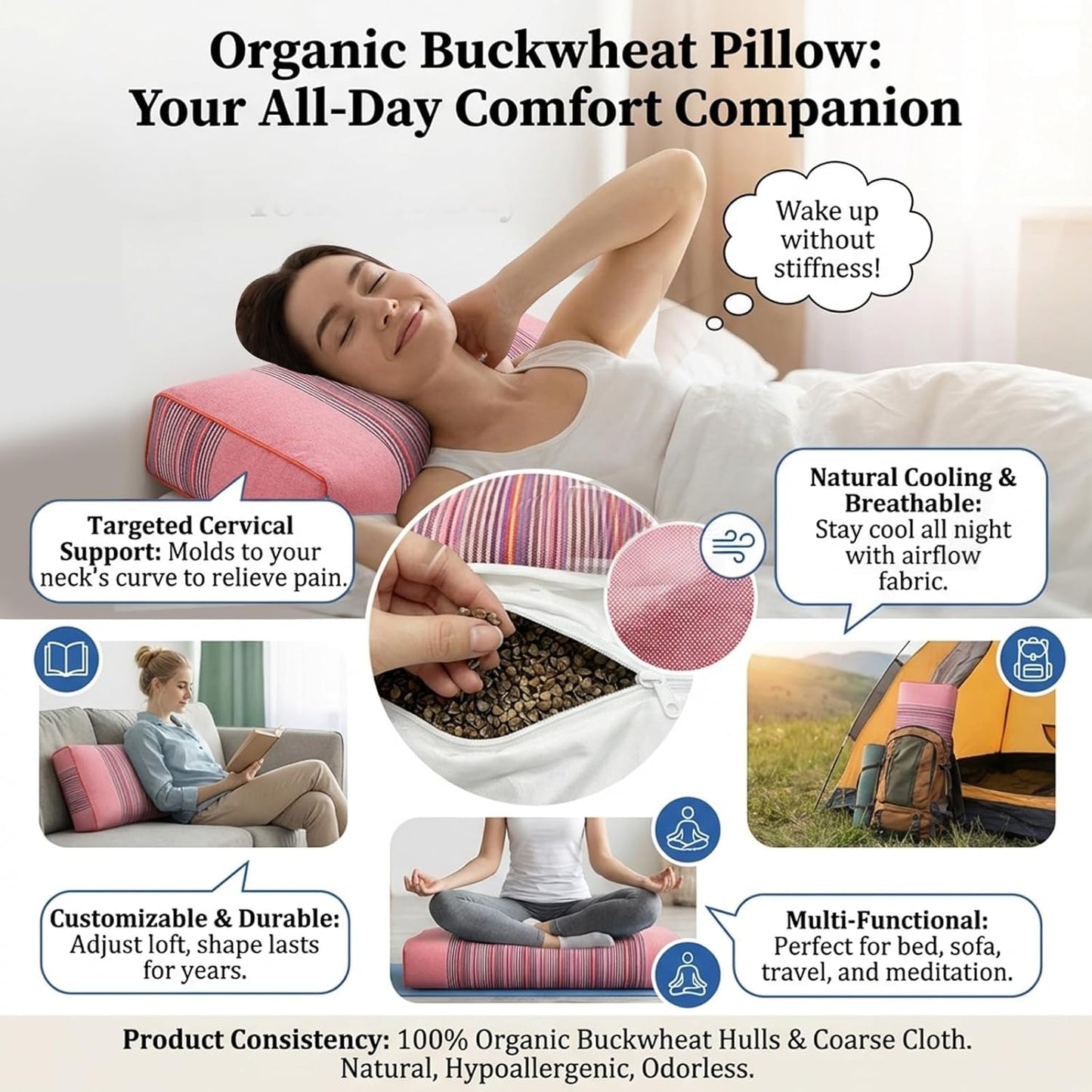 Adjustable Buckwheat Hull Pillow for Neck Pain Relief (21x8x4in) Natural Cooling Cervical Support Organic Pillow for Side & Back Sleepers with Night Sweats (Grey)