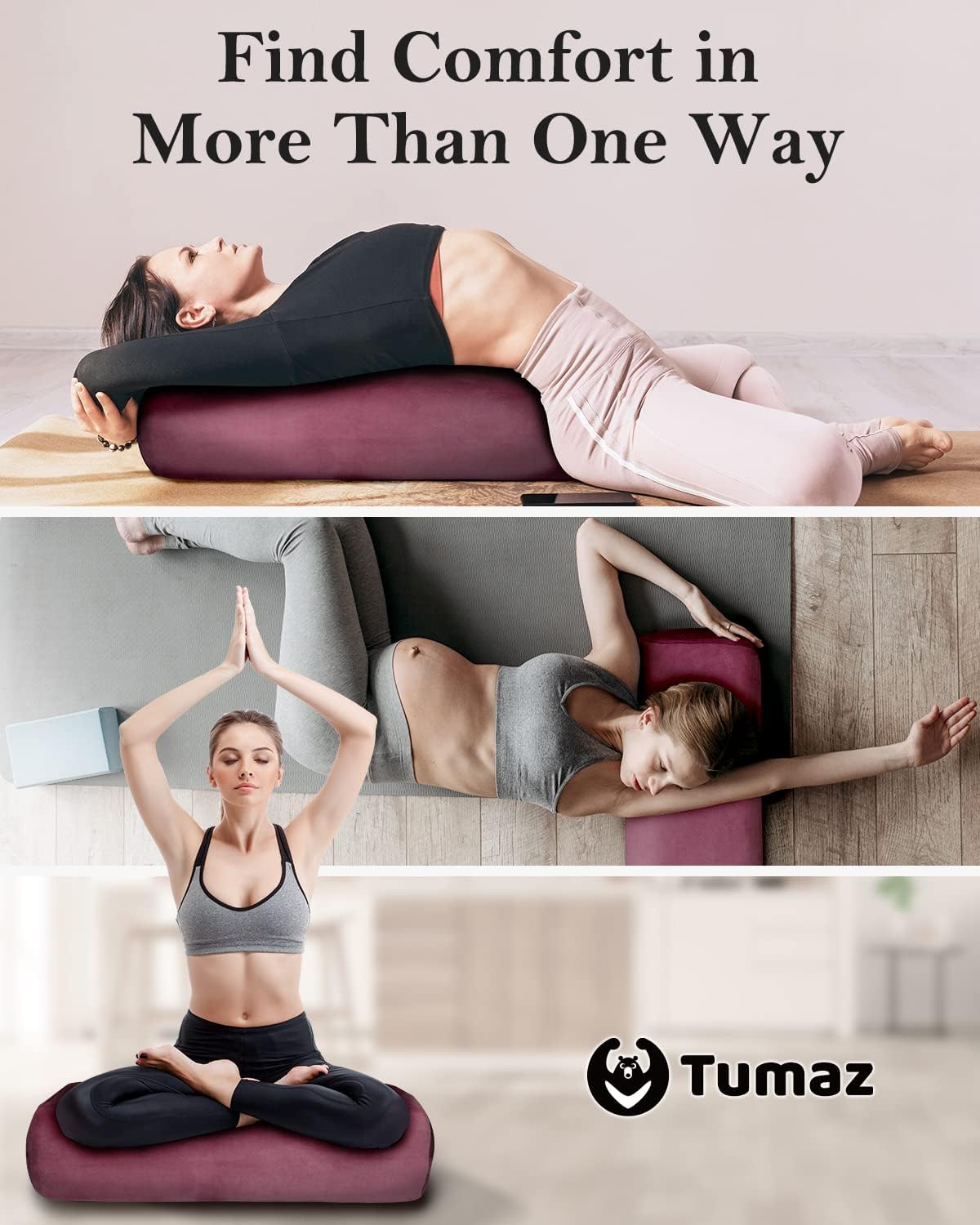 Tumaz Yoga Bolster Set - Rectangular Bolster Pillow for Restorative Yoga, Soft Meditation Pillow with Carry Handle and 8-Feet Strap, Machine Washable Cover