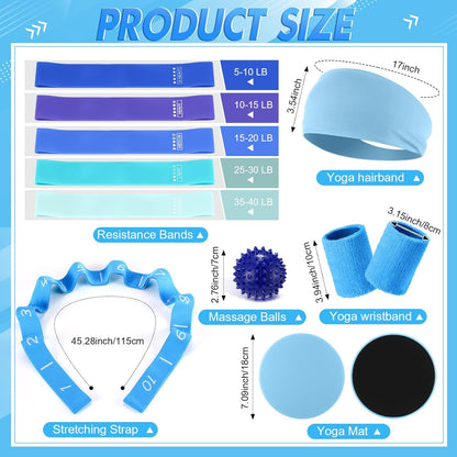 Poen 18 Pcs Home Pilates Ball and Ring Circle Set Yoga Fitness Essentials Kit with 5 Resistance Band Stretching Strap Non Slip Sock Ball Core Slider Wristband Headband Gym Bag for Women