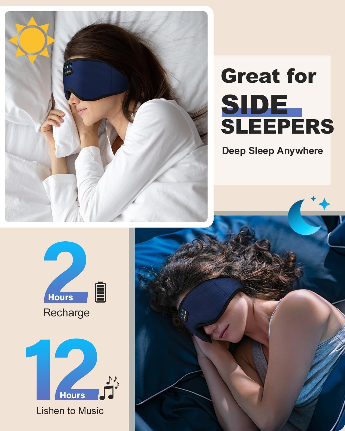LC-dolida Sleep Headphones, 3D Sleep Mask Bluetooth Wireless Music Eye Mask, Sleeping Headphones for Side Sleepers Sleep Mask with Bluetooth Headphones Ultra-Thin Stereo Speakers Perfect for Sleeping