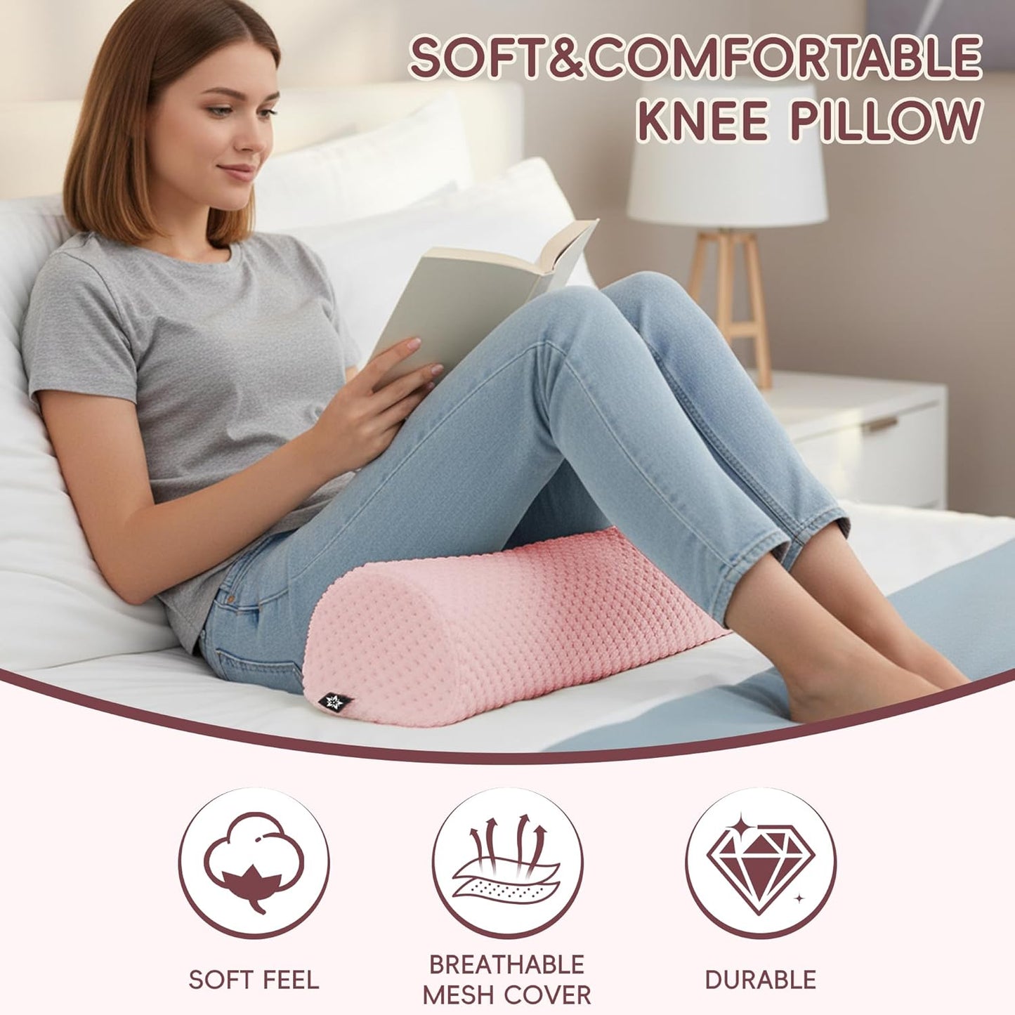 SPRING SEAON Half Moon Bolster Knee Pillow for Back Sleeping Memory Foam Leg Pillow for Ankle and Foot Comfort Under Knee Pillow for Side Sleepers Machine Washable Cover(17" x 7.5" x 4.3")